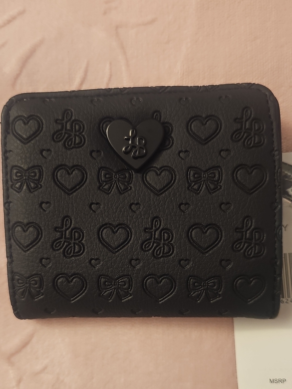 Betsey Johnson Black Embossed Heart & Bow Card Holder with Heart Snap